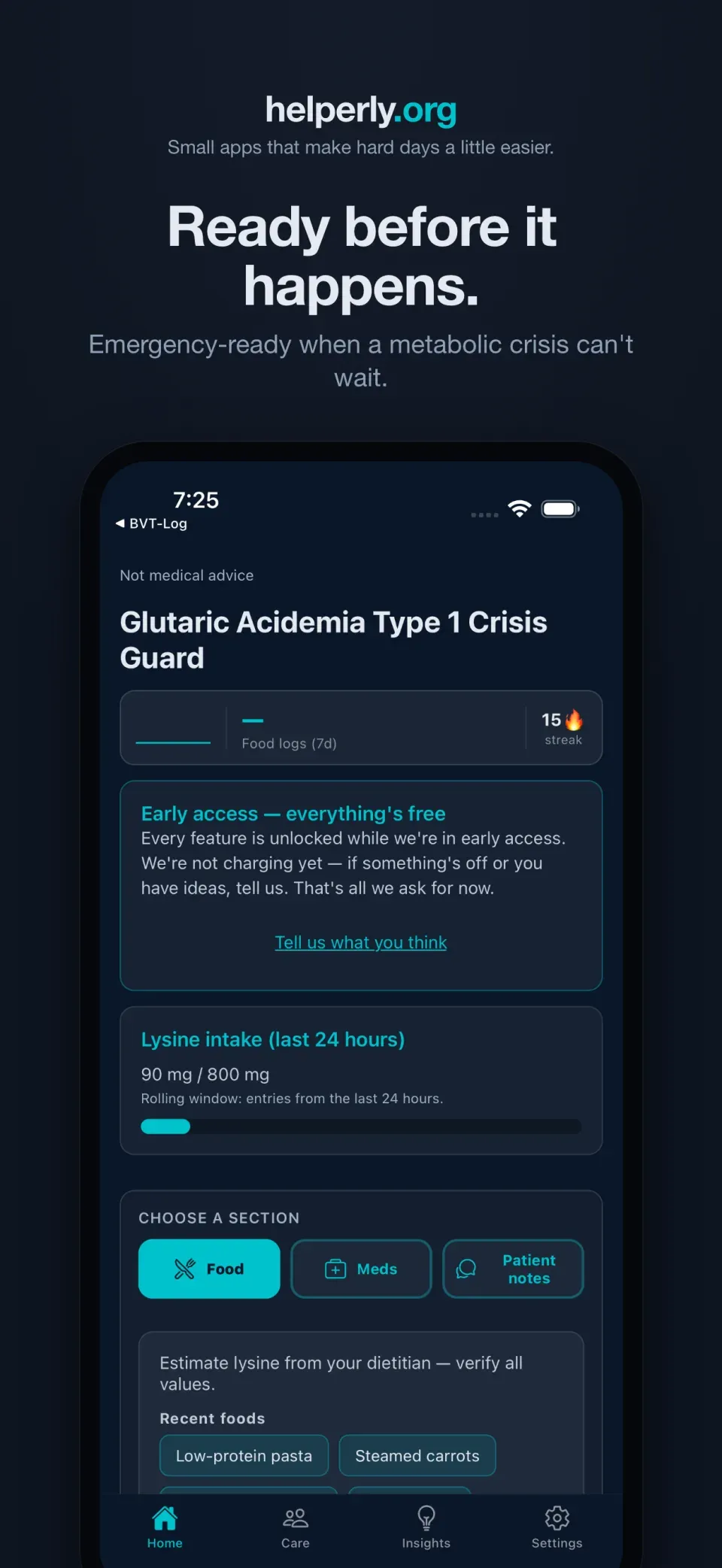 iPhone showing the GA1 Crisis Guard home screen on a dark helperly.org panel.