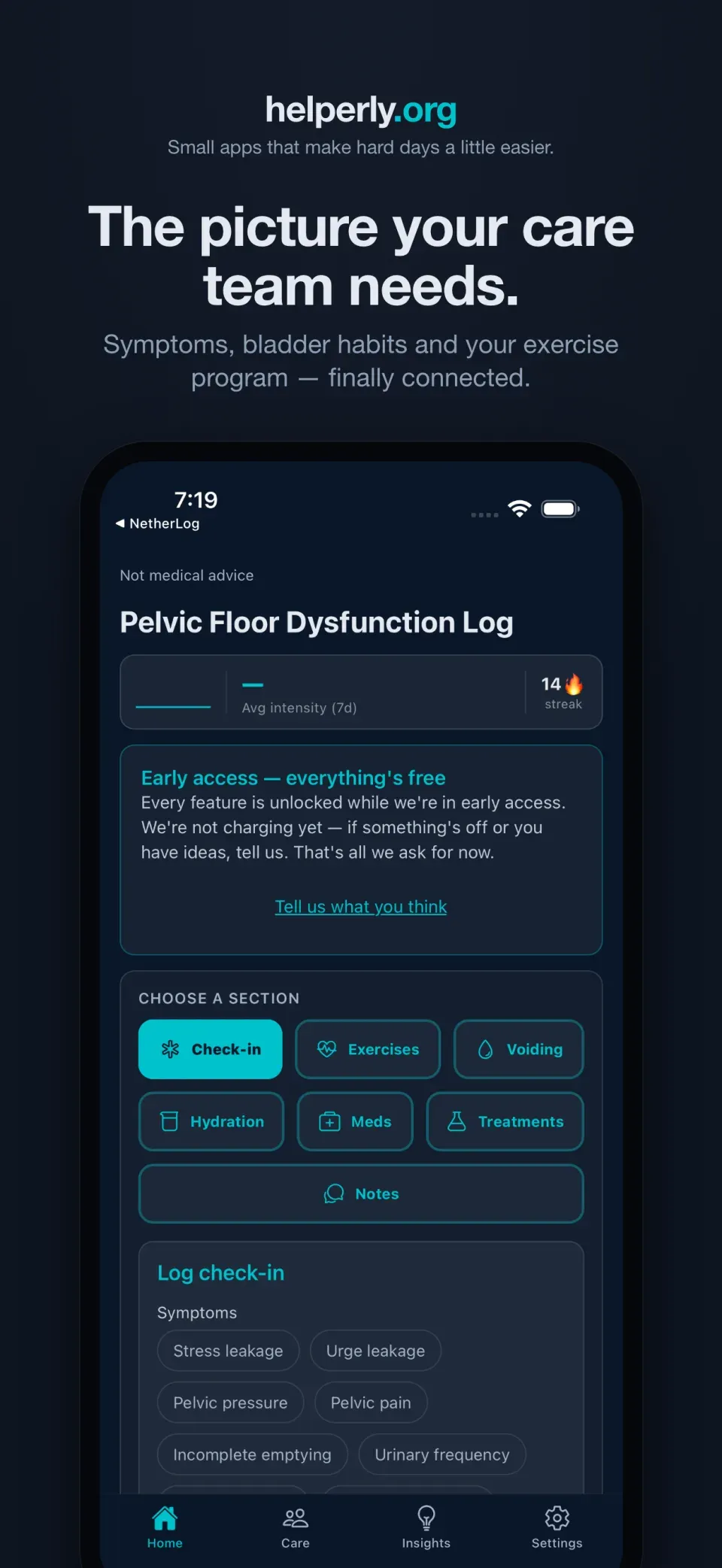iPhone showing the Pelvic Floor Dysfunction app home screen on a dark helperly.org panel.