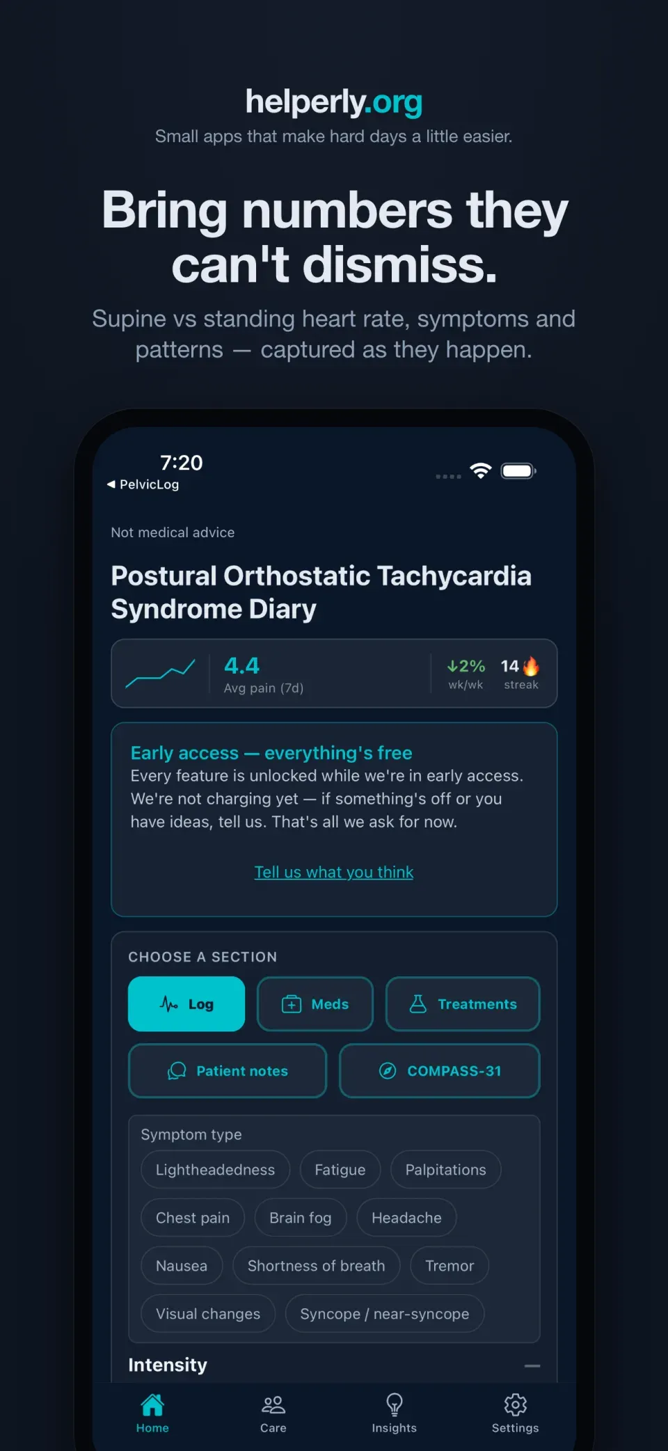 iPhone showing the POTS & Dysautonomia app home screen on a dark helperly.org panel.