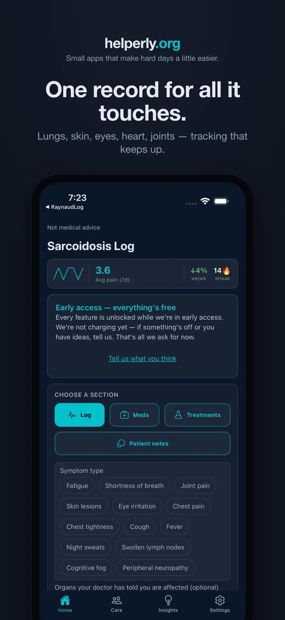 iPhone showing the Sarcoidosis app home screen on a dark helperly.org panel.