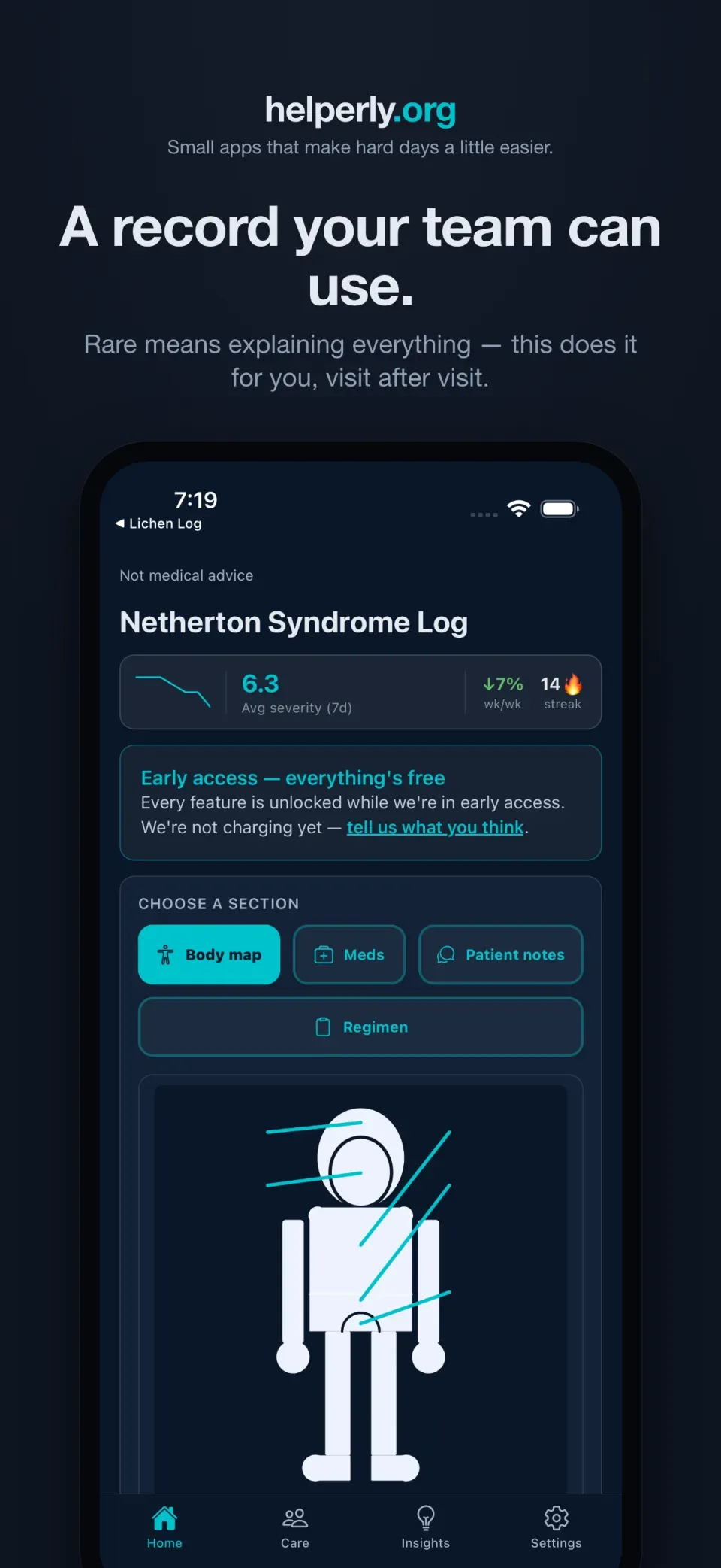 iPhone showing the Netherton Syndrome app home screen on a dark helperly.org panel.