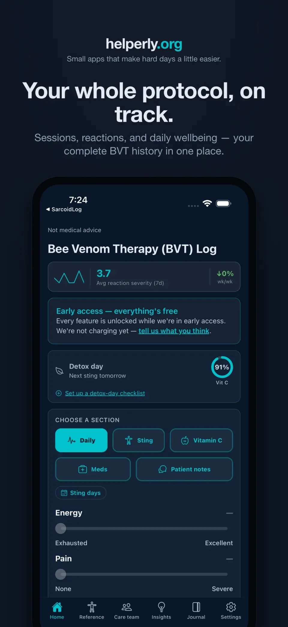 iPhone showing the Bee Venom Therapy log home screen on a dark helperly.org panel.
