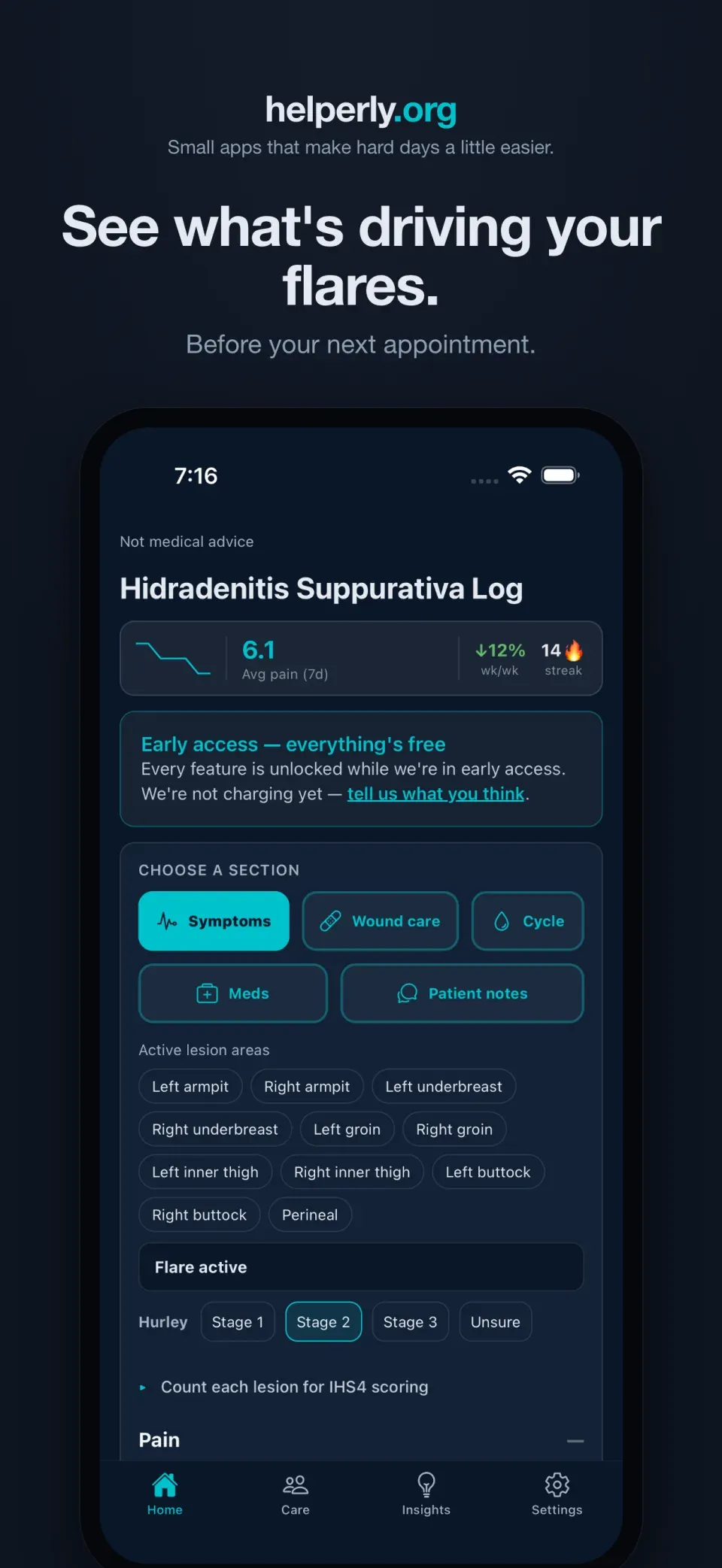 iPhone showing the Hidradenitis Suppurativa Log home screen — average pain trend, logging streak, body-zone chips, and Hurley stage selector — on a dark helperly.org panel.