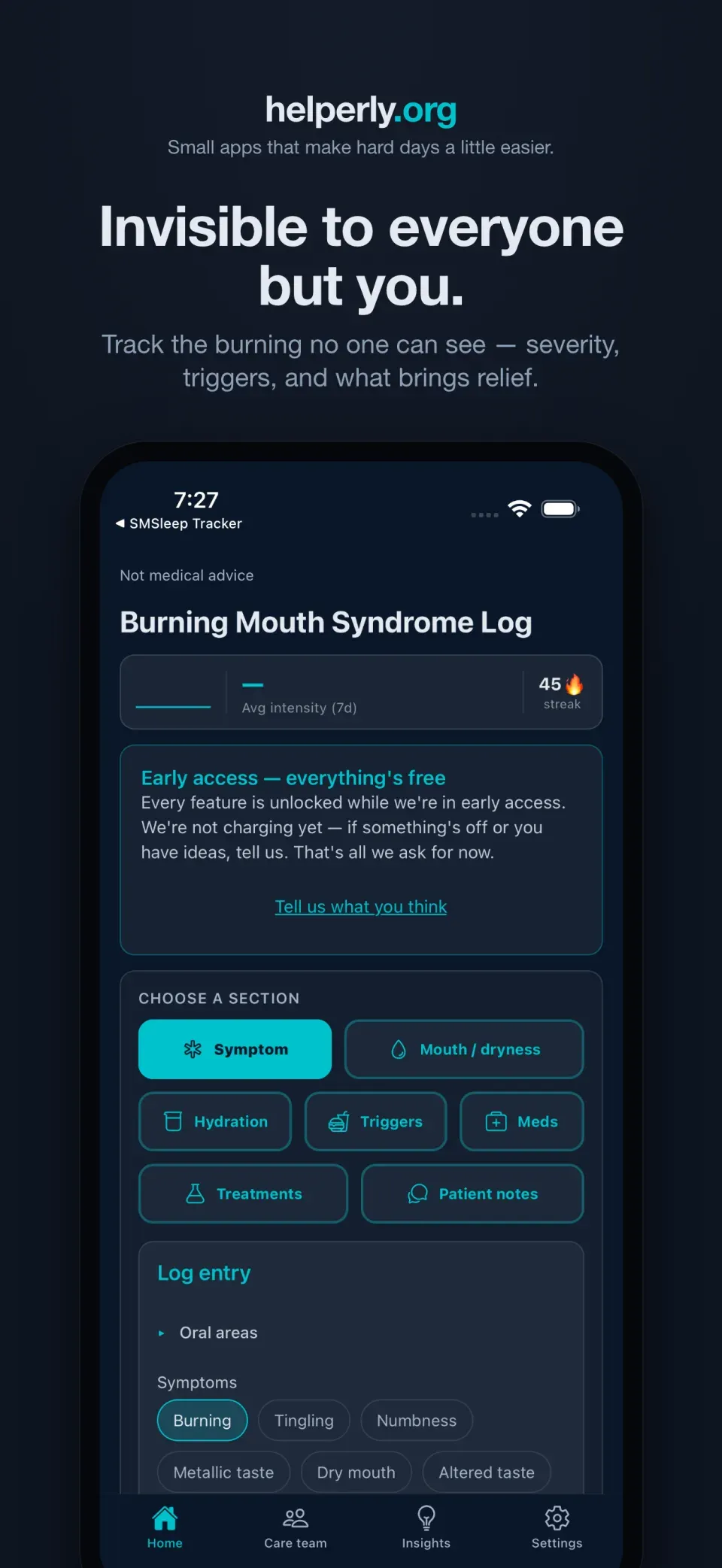 iPhone showing the Burning Mouth Syndrome app home screen on a dark helperly.org panel.