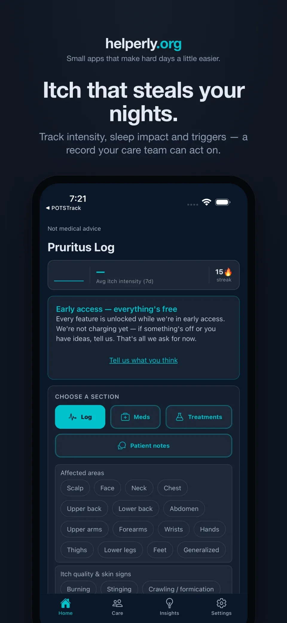 iPhone showing the Chronic Pruritus app home screen on a dark helperly.org panel.