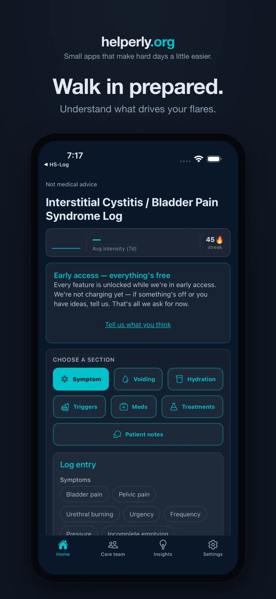 iPhone showing the IC & Bladder Pain Syndrome app home screen on a dark helperly.org panel.