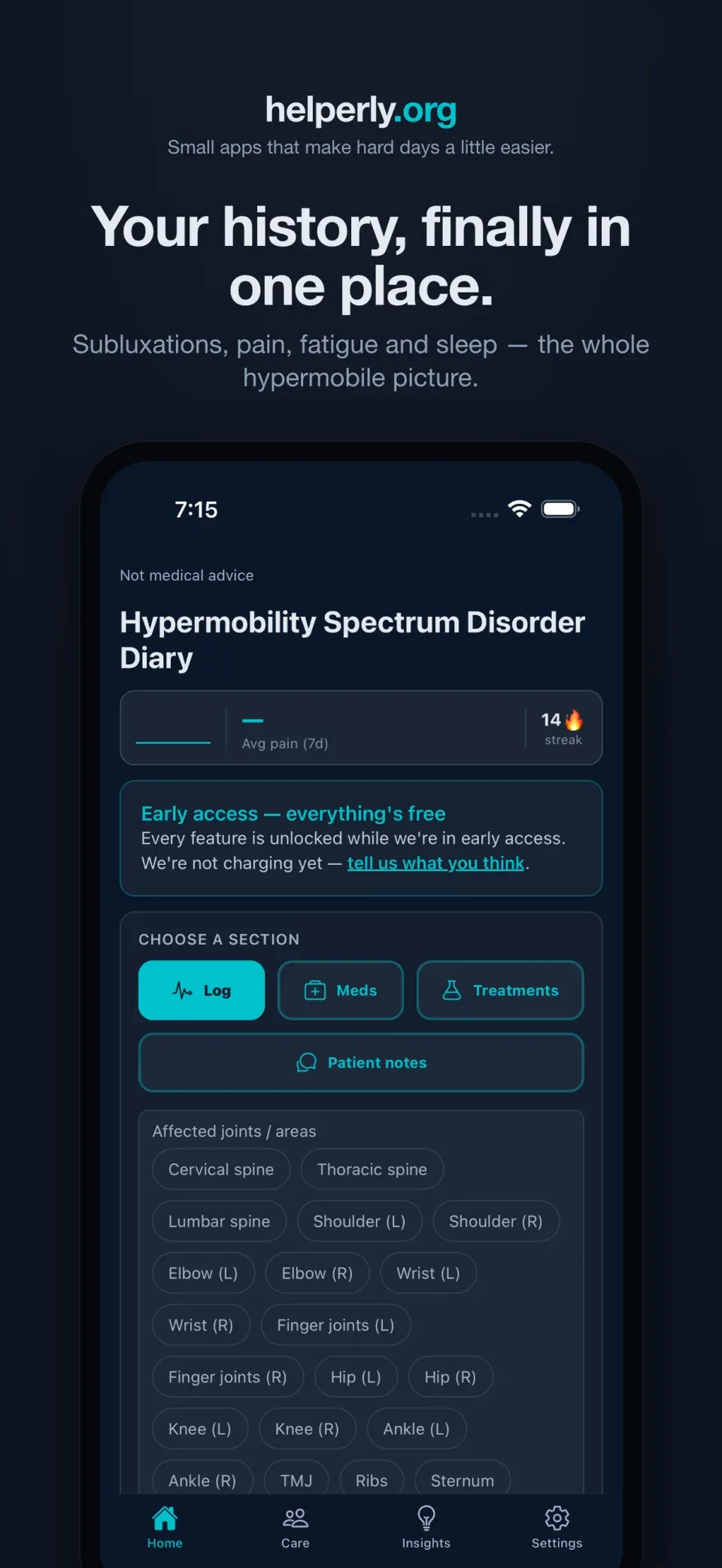 iPhone showing the Hypermobility Spectrum app home screen on a dark helperly.org panel.
