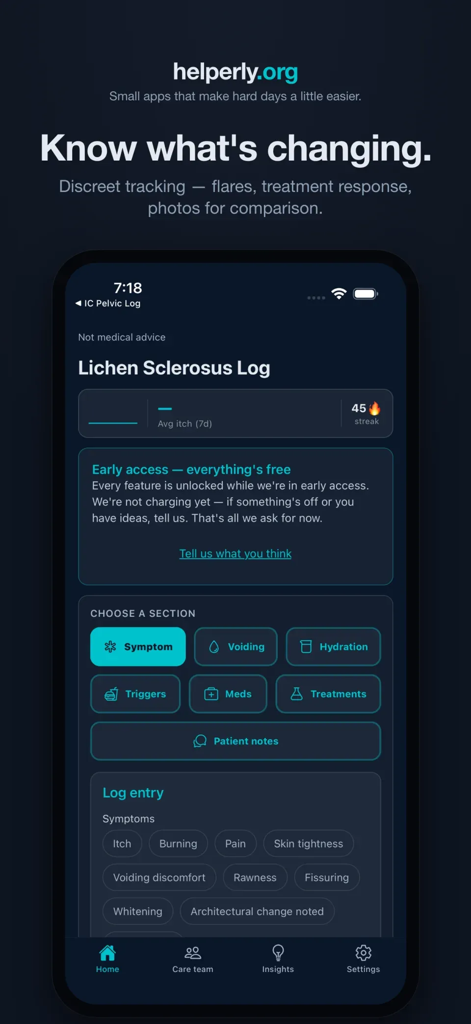 iPhone showing the Lichen Sclerosus app home screen on a dark helperly.org panel.