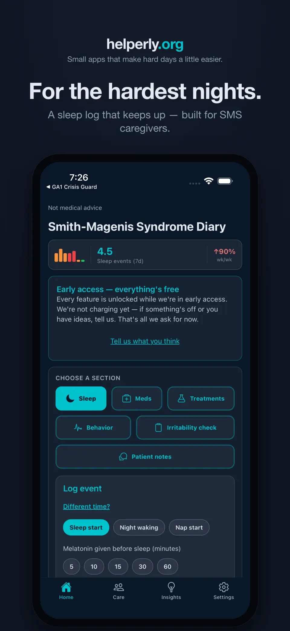 iPhone showing the Smith-Magenis Syndrome sleep tracker home screen on a dark helperly.org panel.