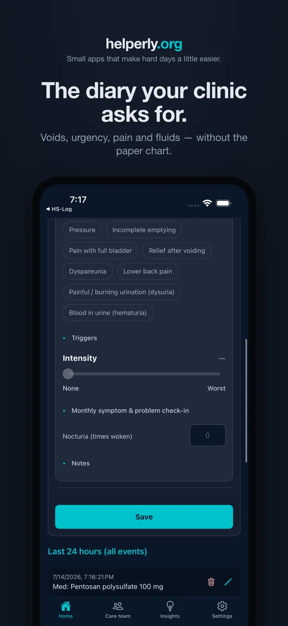 iPhone showing the voiding and fluids entry form on a dark helperly.org panel.