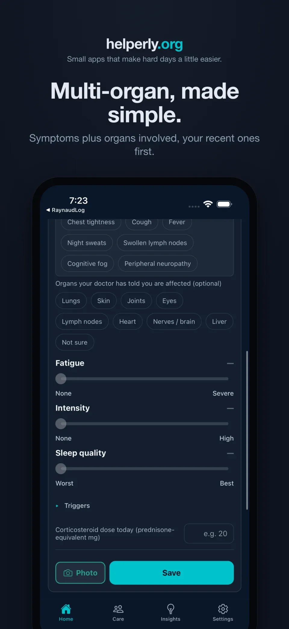 iPhone showing the multi-organ symptom entry form on a dark helperly.org panel.
