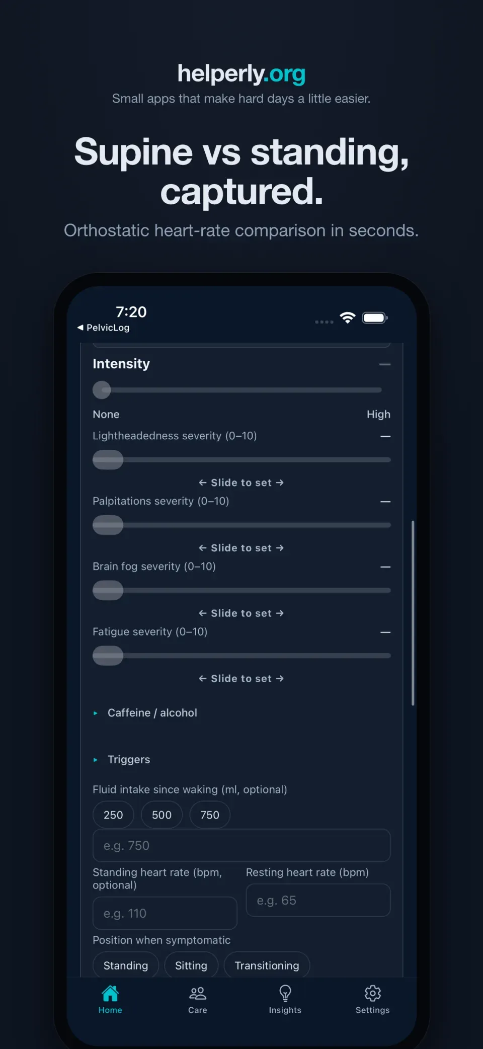 iPhone showing the symptom and heart-rate entry form on a dark helperly.org panel.