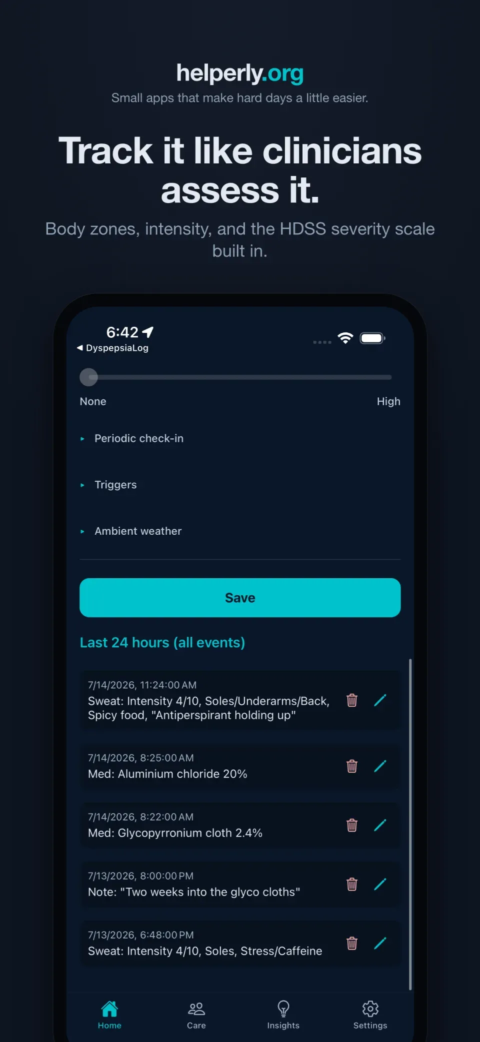 iPhone showing the sweating episode entry form with body zones on a dark helperly.org panel.