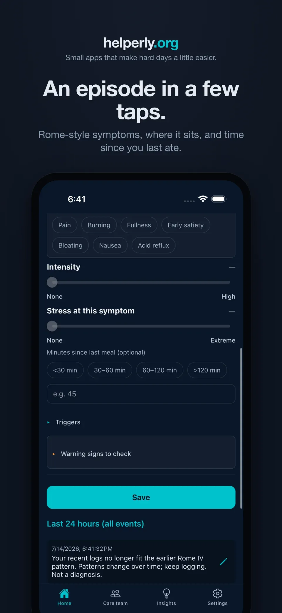 iPhone showing the symptom episode entry form with Rome-style symptom chips on a dark helperly.org panel.