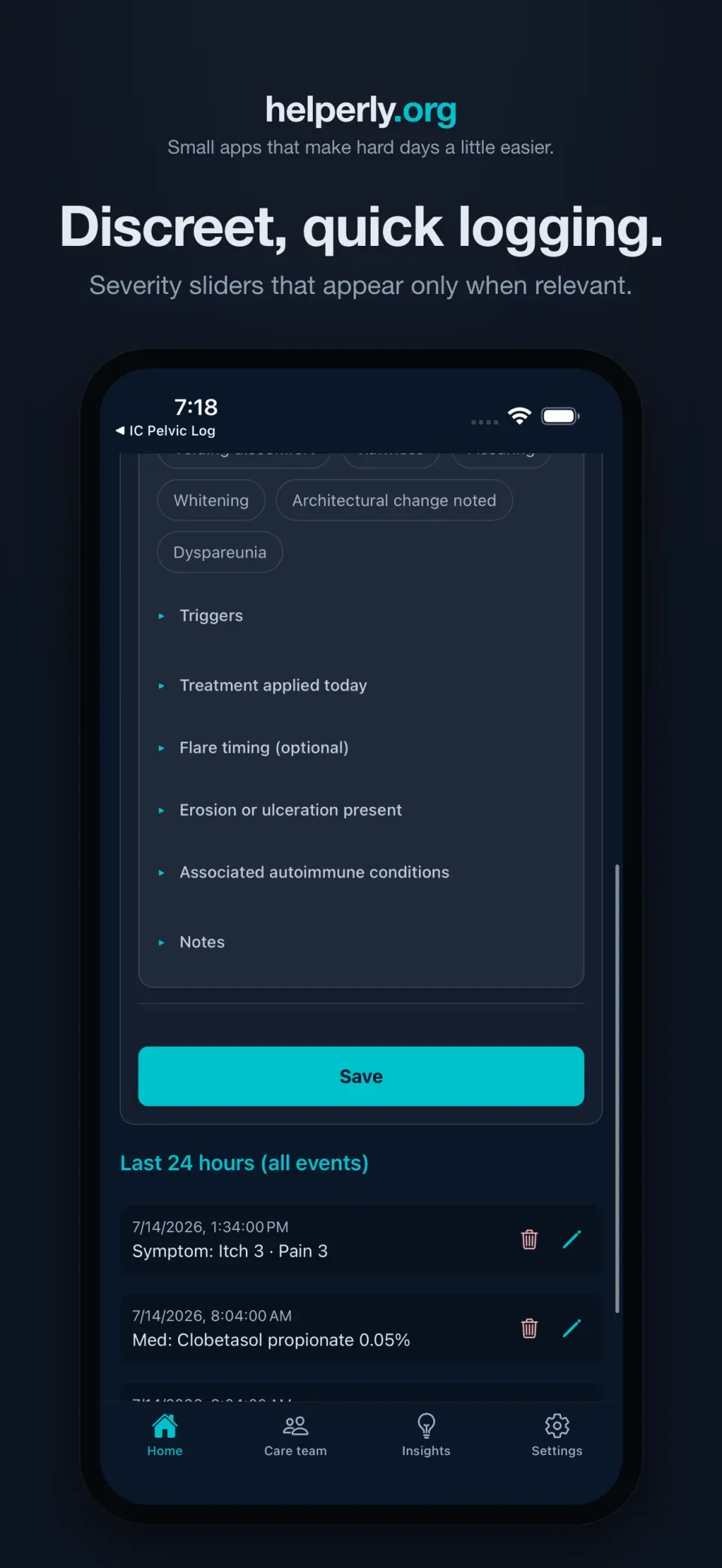iPhone showing the discreet symptom entry form on a dark helperly.org panel.