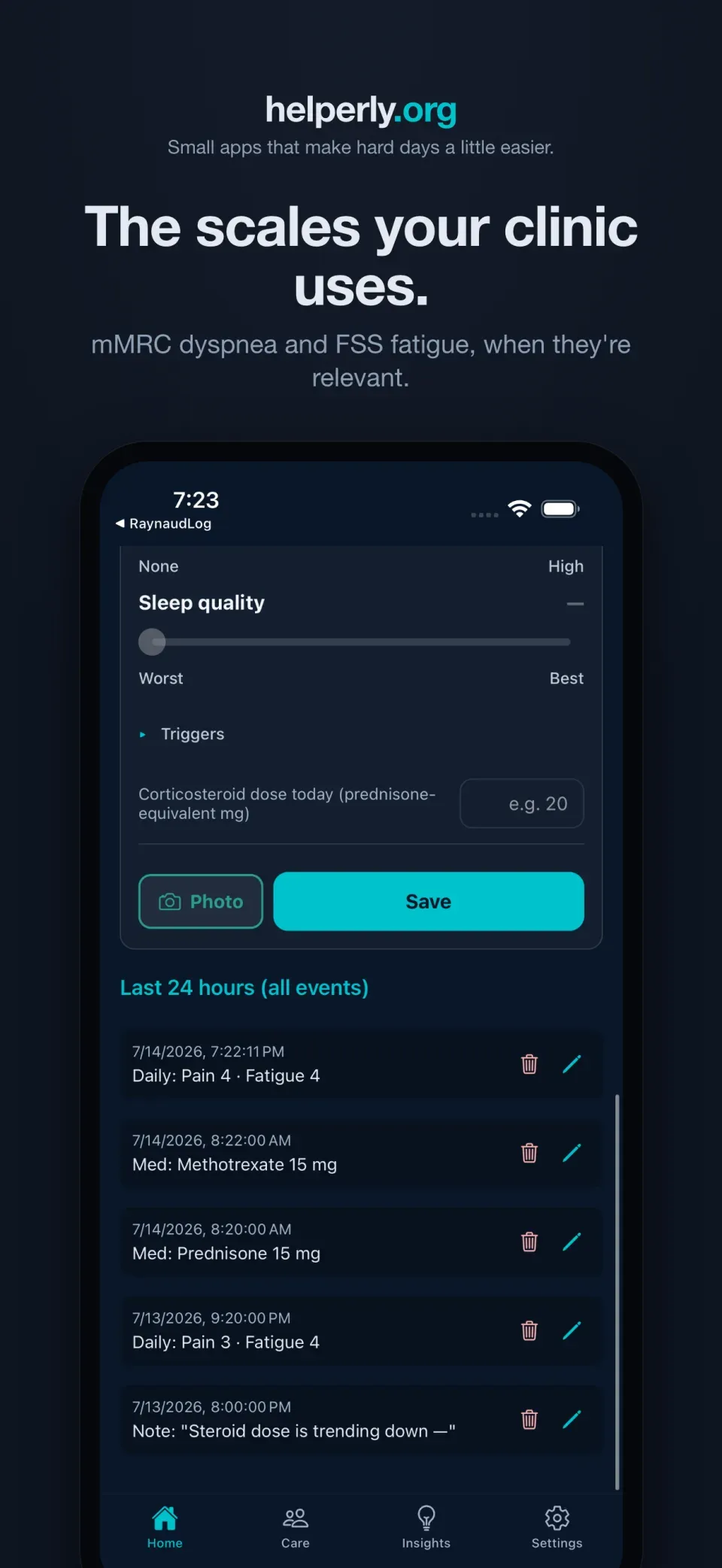iPhone showing the mMRC dyspnea and Fatigue Severity Scale check-in on a dark helperly.org panel.