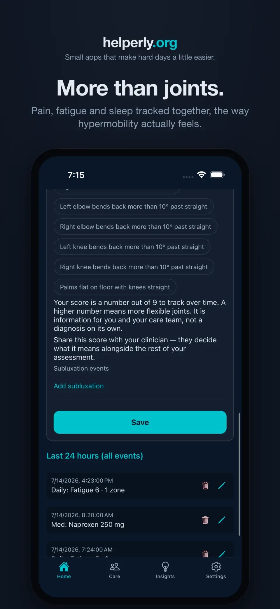 iPhone showing pain, fatigue, and sleep sliders tracked together on a dark helperly.org panel.