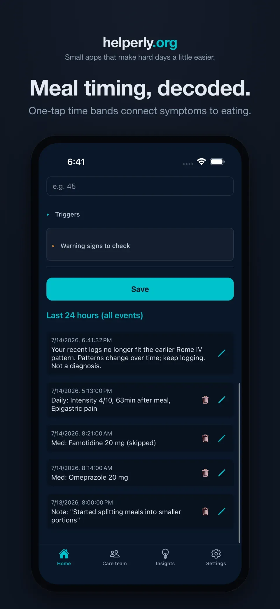 iPhone showing one-tap meal-timing bands on a dark helperly.org panel.