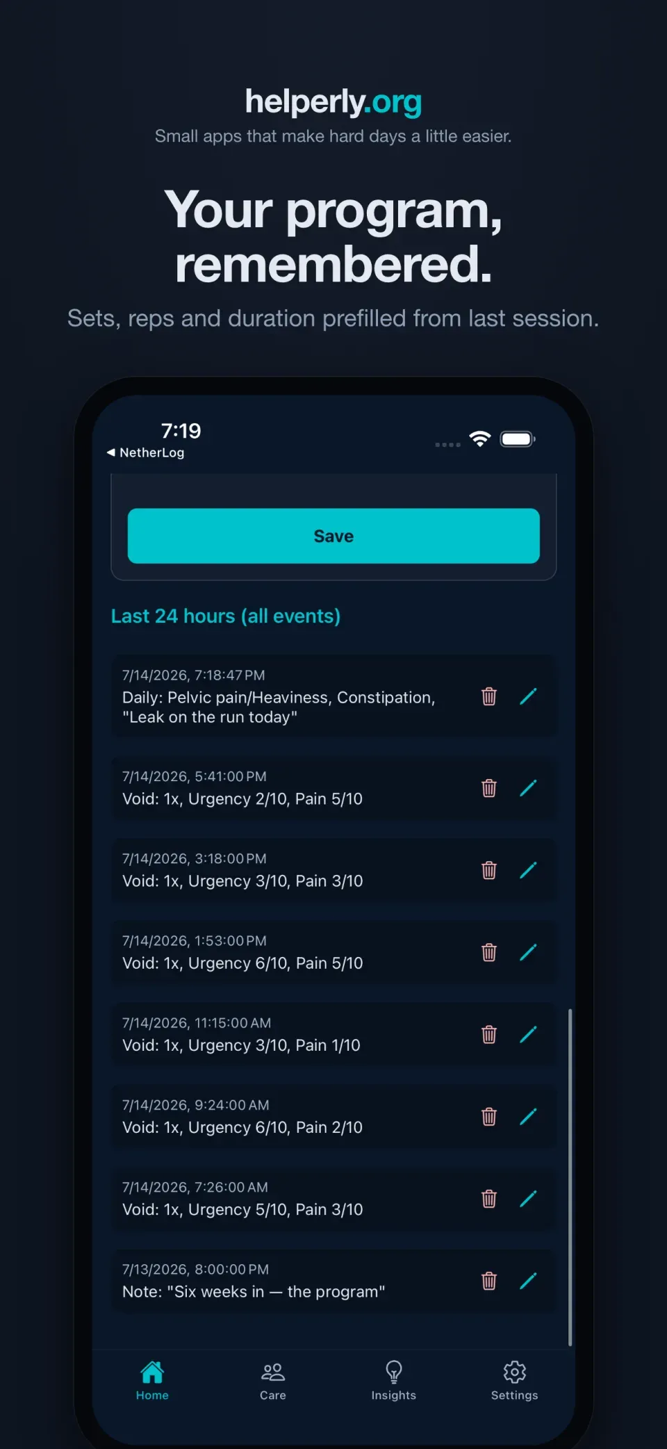 iPhone showing the pelvic floor exercise log with prefilled sets and reps on a dark helperly.org panel.