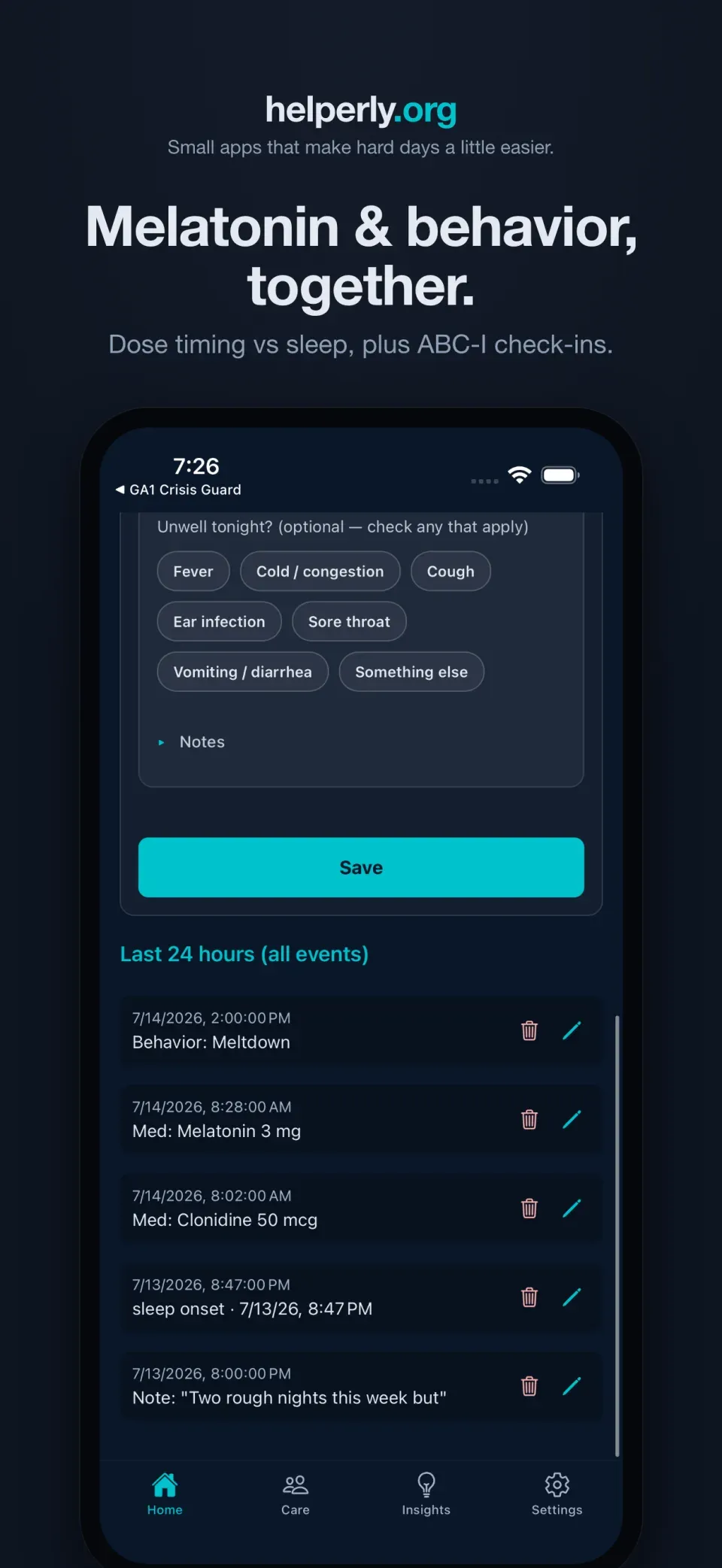iPhone showing melatonin timing and behavior tracking together on a dark helperly.org panel.