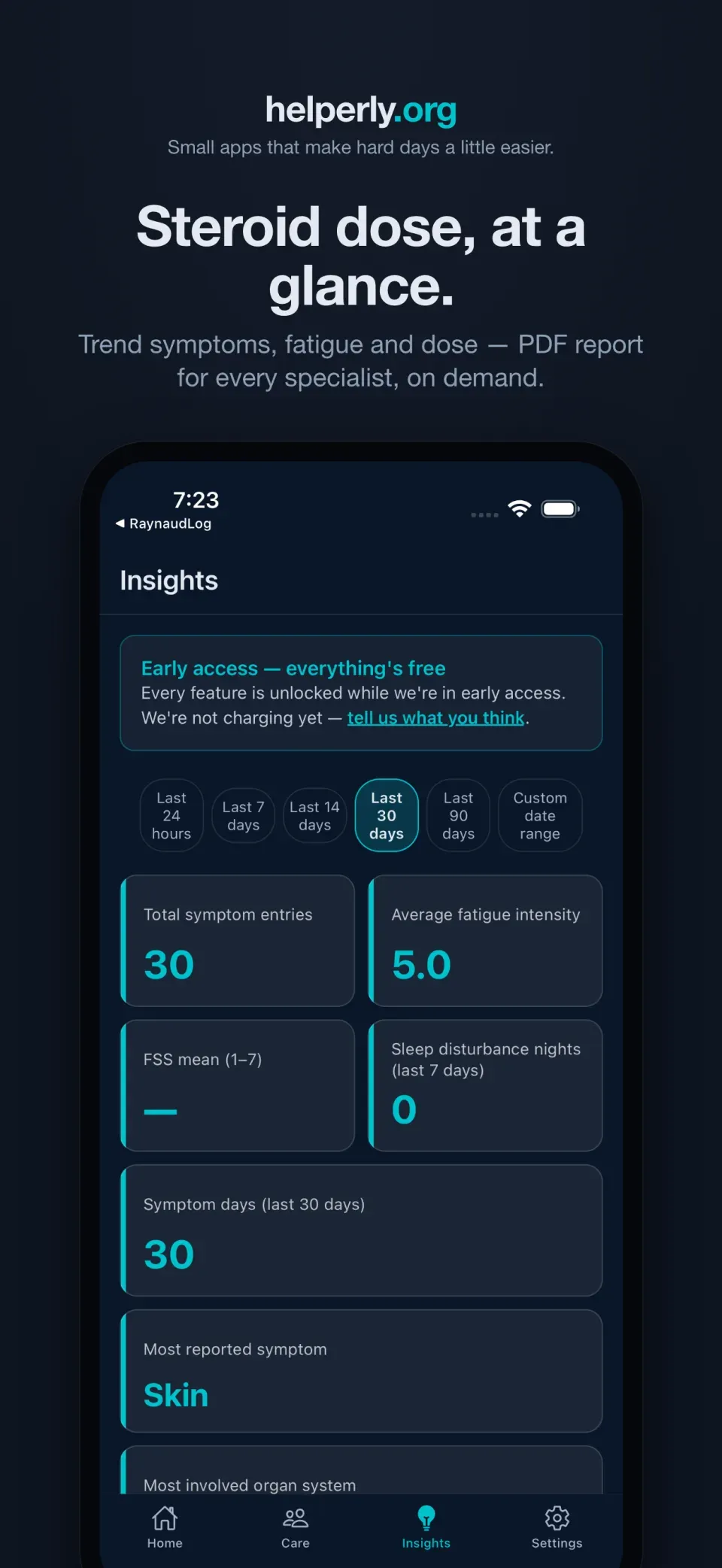 iPhone showing Insights charts of symptoms, fatigue, and steroid dose on a dark helperly.org panel.