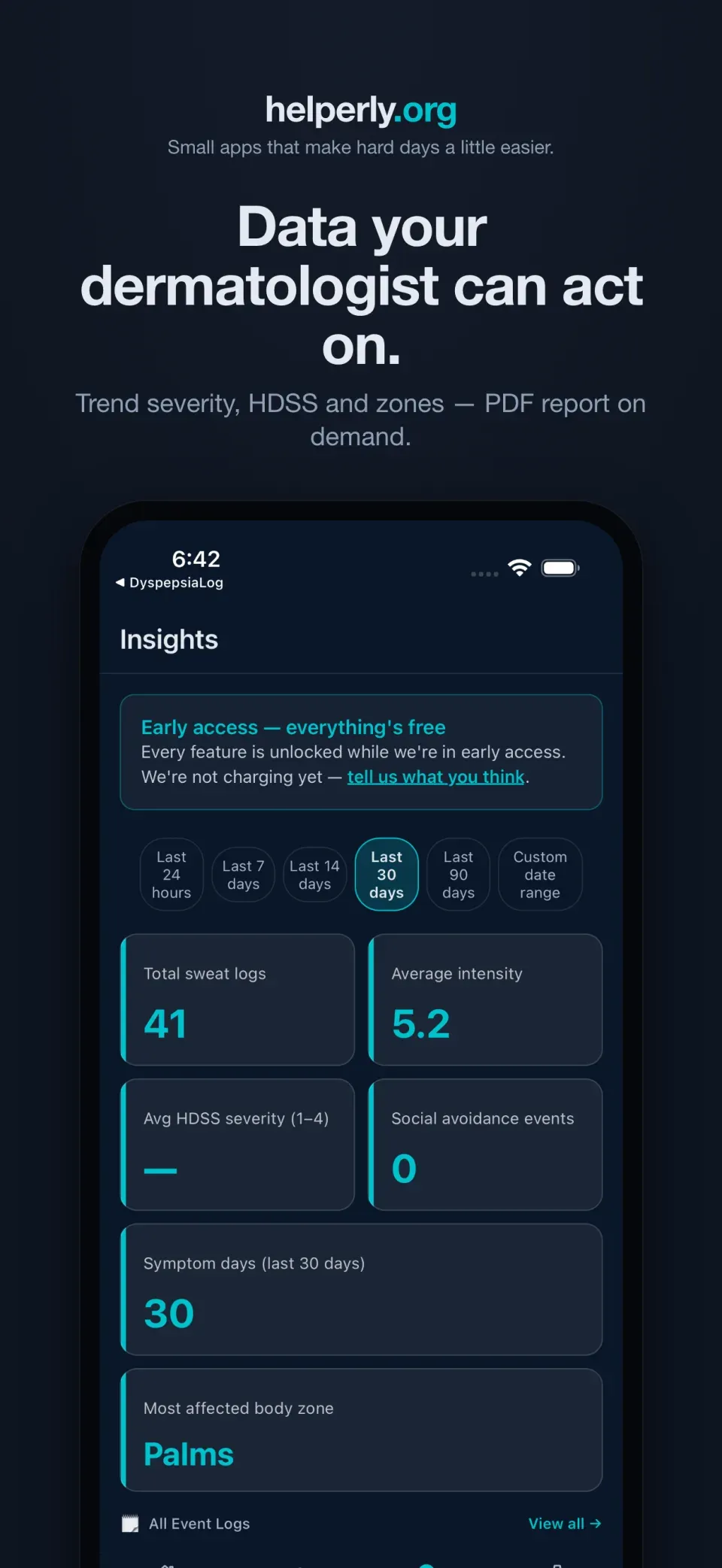iPhone showing Insights charts of severity, HDSS, and zone patterns on a dark helperly.org panel.