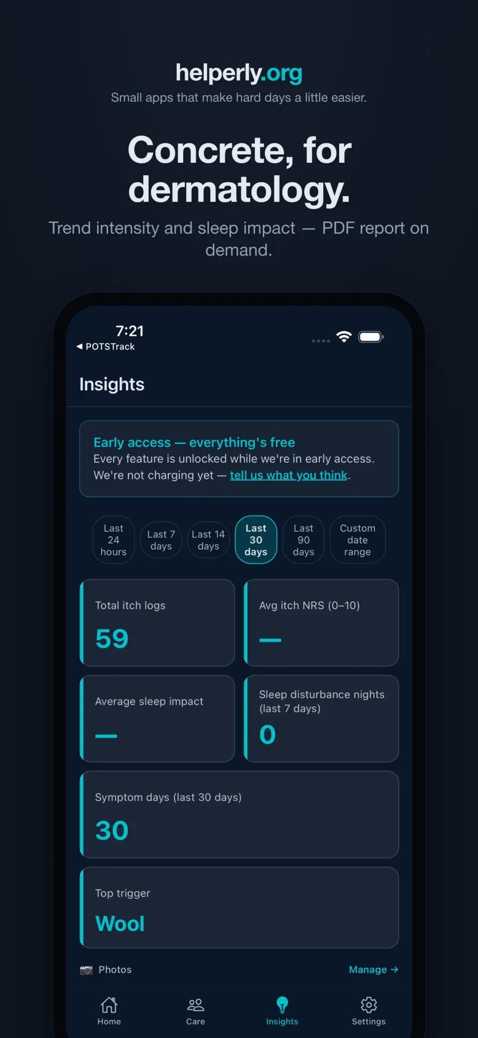 iPhone showing Insights charts of itch intensity and sleep impact on a dark helperly.org panel.