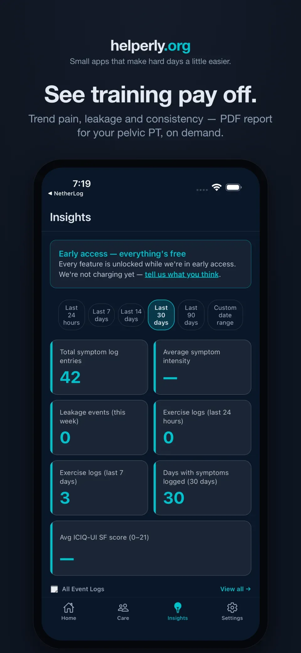 iPhone showing Insights charts of pain, leakage, and training consistency on a dark helperly.org panel.