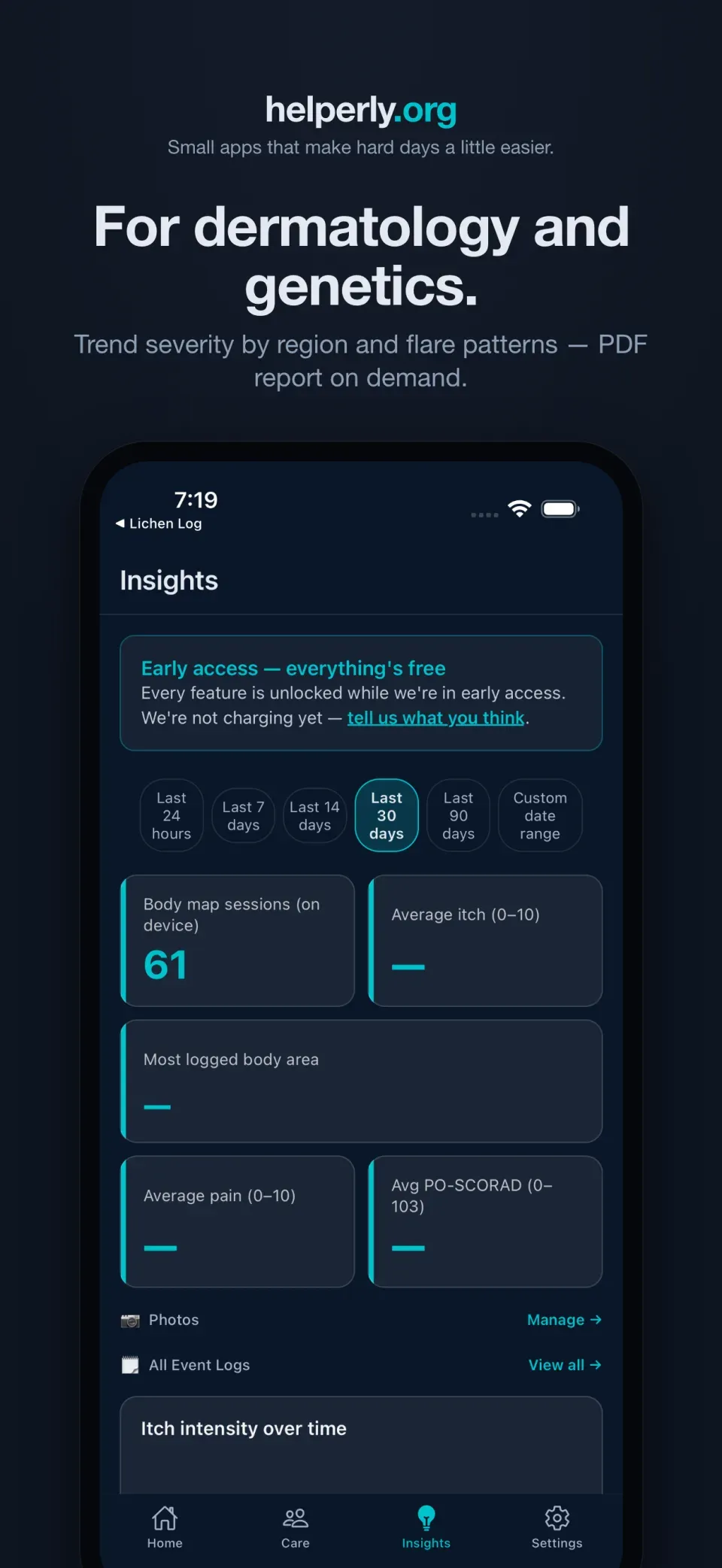 iPhone showing Insights charts of severity by body region and flare patterns on a dark helperly.org panel.